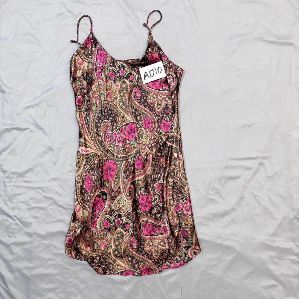 Vintage Y2K Pink Paisley Satin Slip Dress XL Floral Spaghetti Strap Boho Night